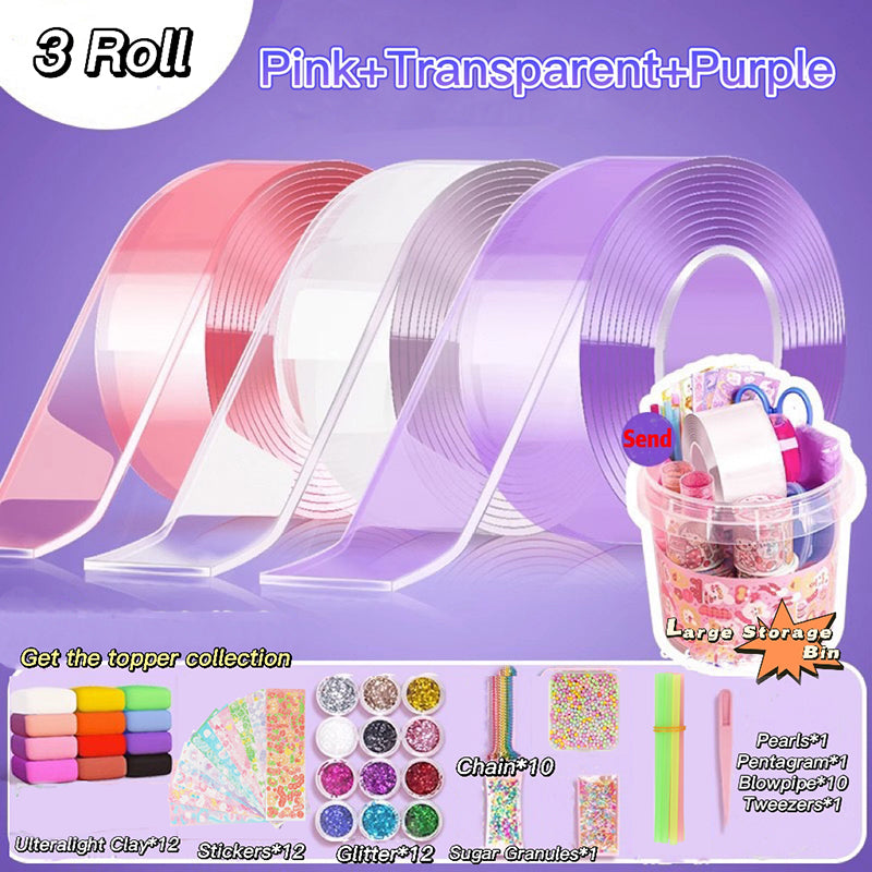 3 Rolls of Nano Tape (pink + clear + purple) + storage pail + top material kit - PEYOU Store