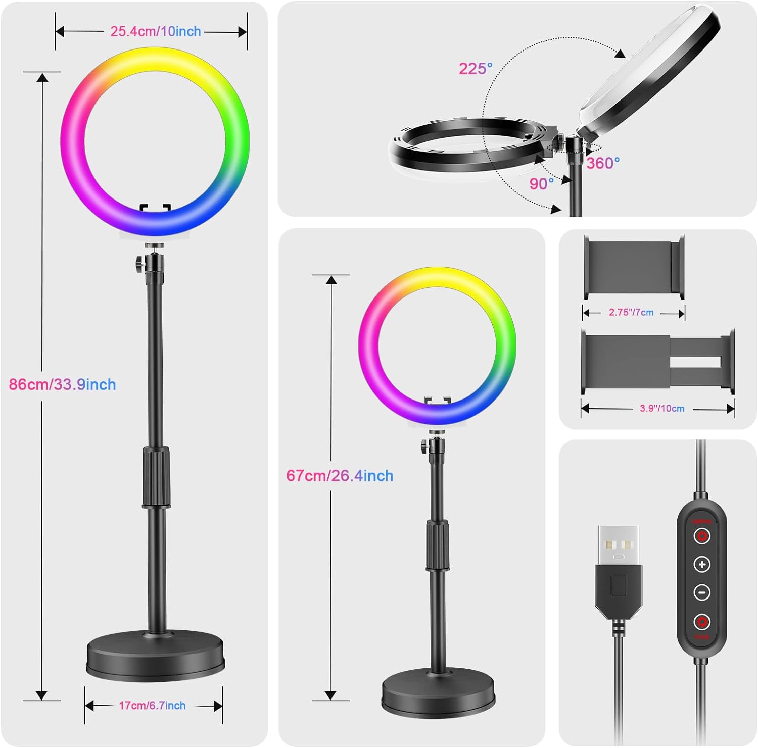 PEYOU Ring Light with Stand and Phone Holder, 10" Dimmable Desktop 【RBG & LED 】 Circle Light