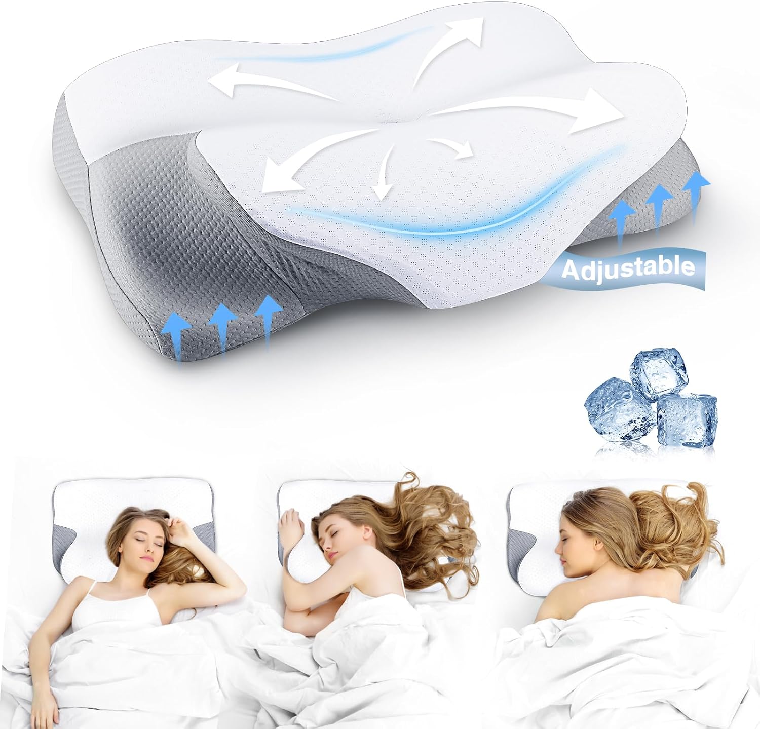 Cervical Neck Pillow for Pain Relief, Height Adjustable Odorless Ergonomic Pillow for Sleeping, Cooling Orthopedic Contour Memory Foam Pillows for Side Back Stomach Sleepers with Pillowcase