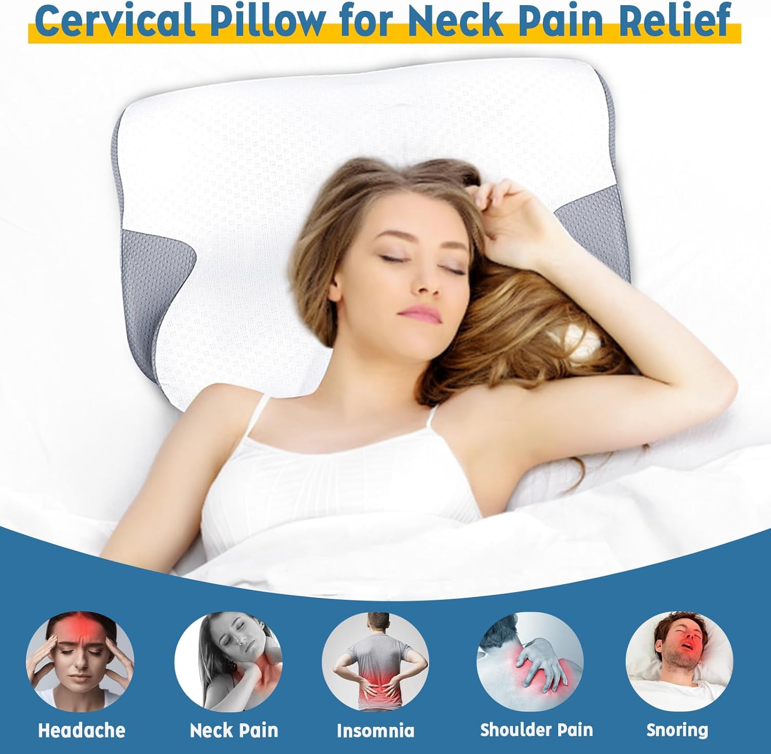 Cervical Neck Pillow for Pain Relief, Height Adjustable Odorless Ergonomic Pillow for Sleeping, Cooling Orthopedic Contour Memory Foam Pillows for Side Back Stomach Sleepers with Pillowcase