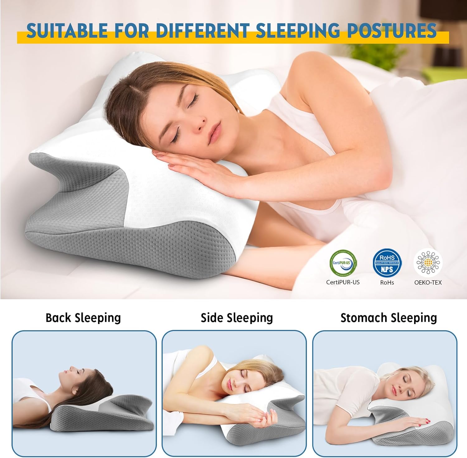 Cervical Neck Pillow for Pain Relief, Height Adjustable Odorless Ergonomic Pillow for Sleeping, Cooling Orthopedic Contour Memory Foam Pillows for Side Back Stomach Sleepers with Pillowcase