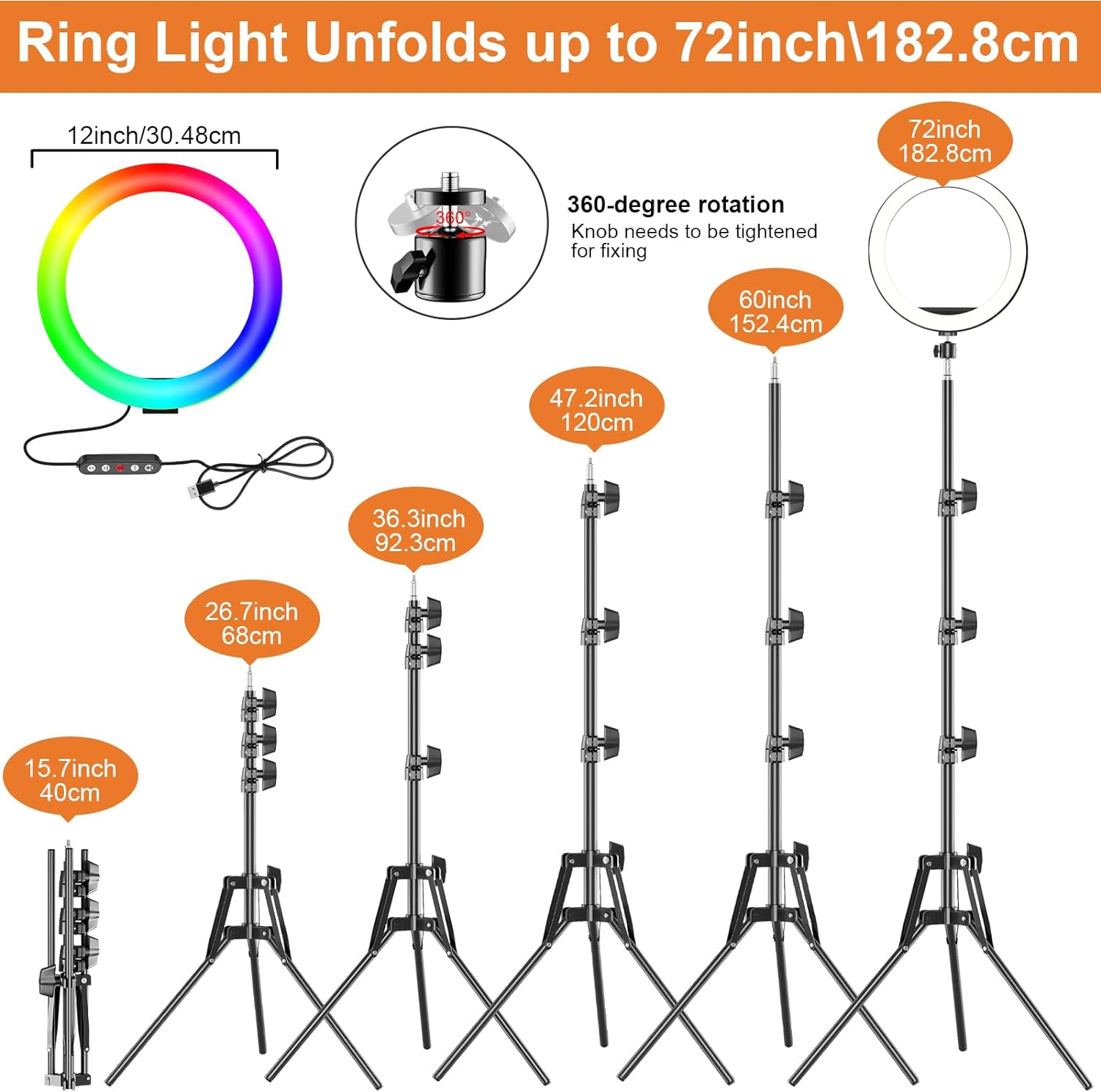 PEYOU 12" Ring Light with Tripod, 39 Color Modes Ring Light with Phone Holder