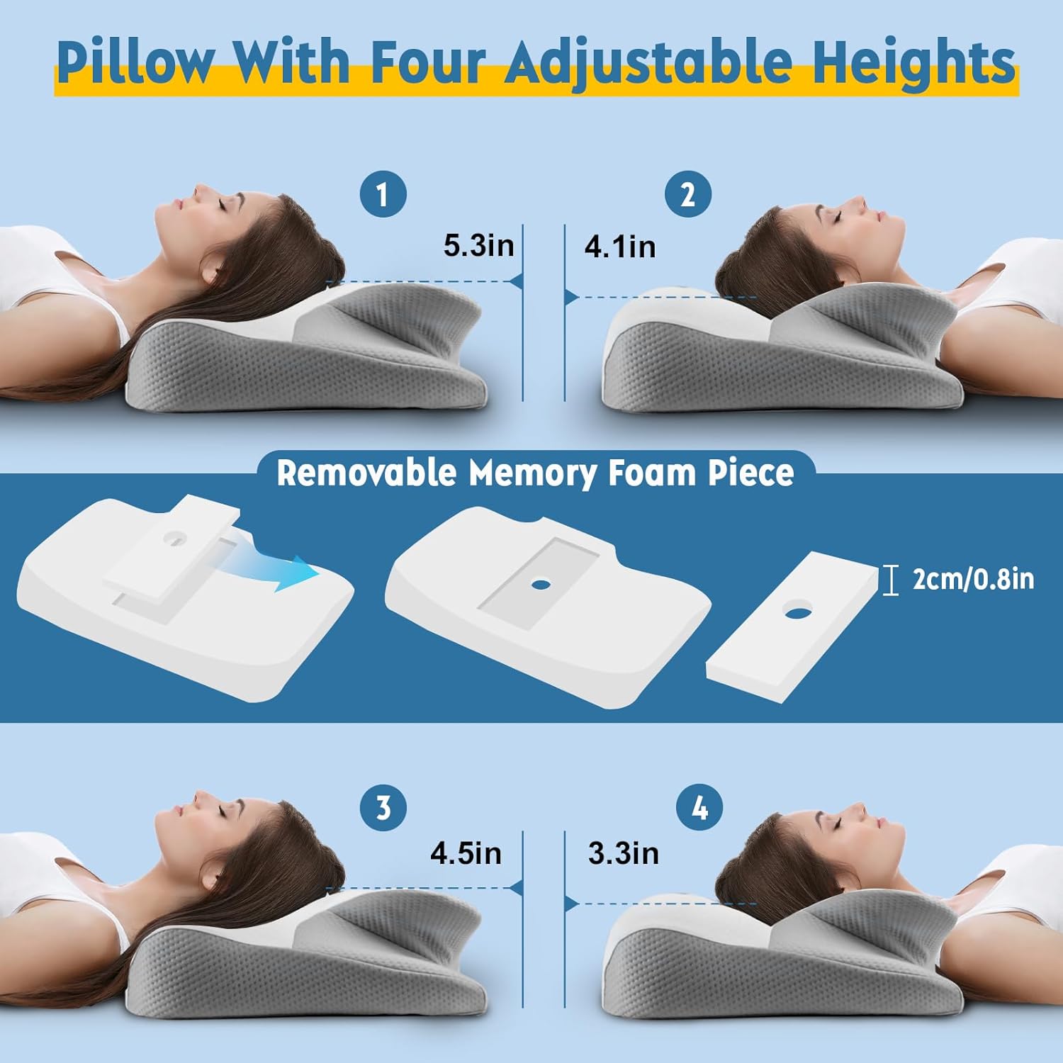 Cervical Neck Pillow for Pain Relief, Height Adjustable Odorless Ergonomic Pillow for Sleeping, Cooling Orthopedic Contour Memory Foam Pillows for Side Back Stomach Sleepers with Pillowcase