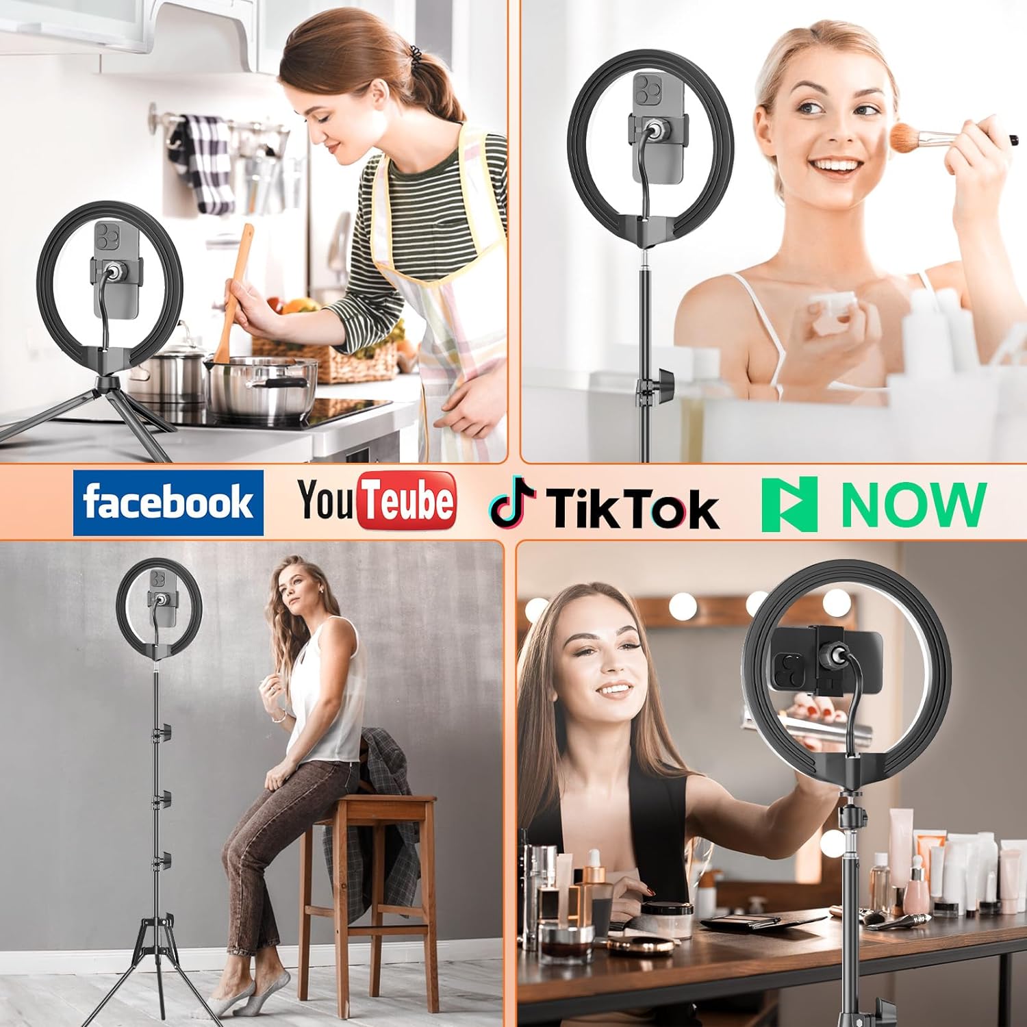 PEYOU 12" Selfie Ring Light with 60" Adjustable Tripod Stand & Mini Desktop Tripod & 2 Phone Holder