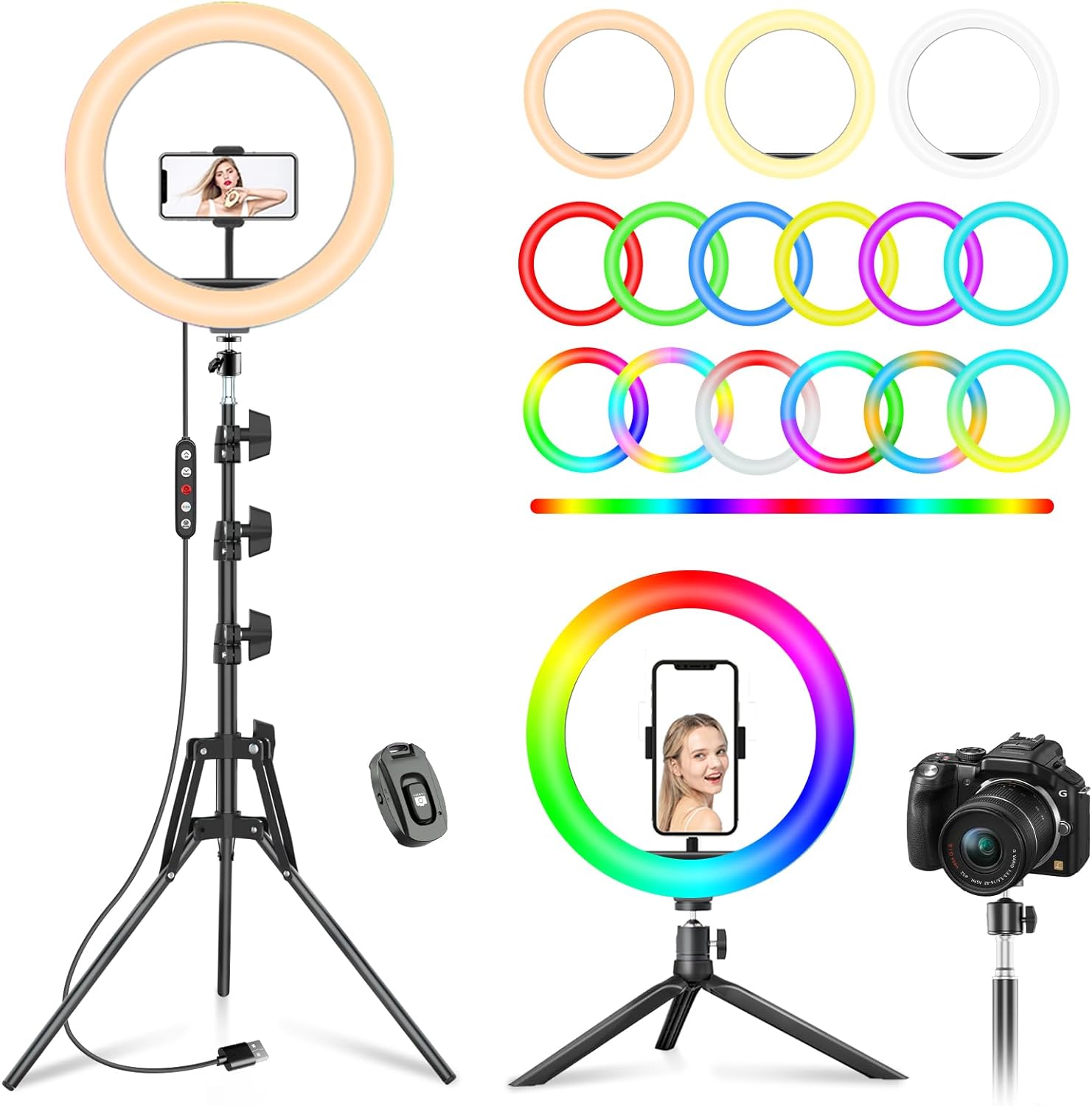 PEYOU 12" Ring Light with Tripod, 39 Color Modes Ring Light with Phone Holder