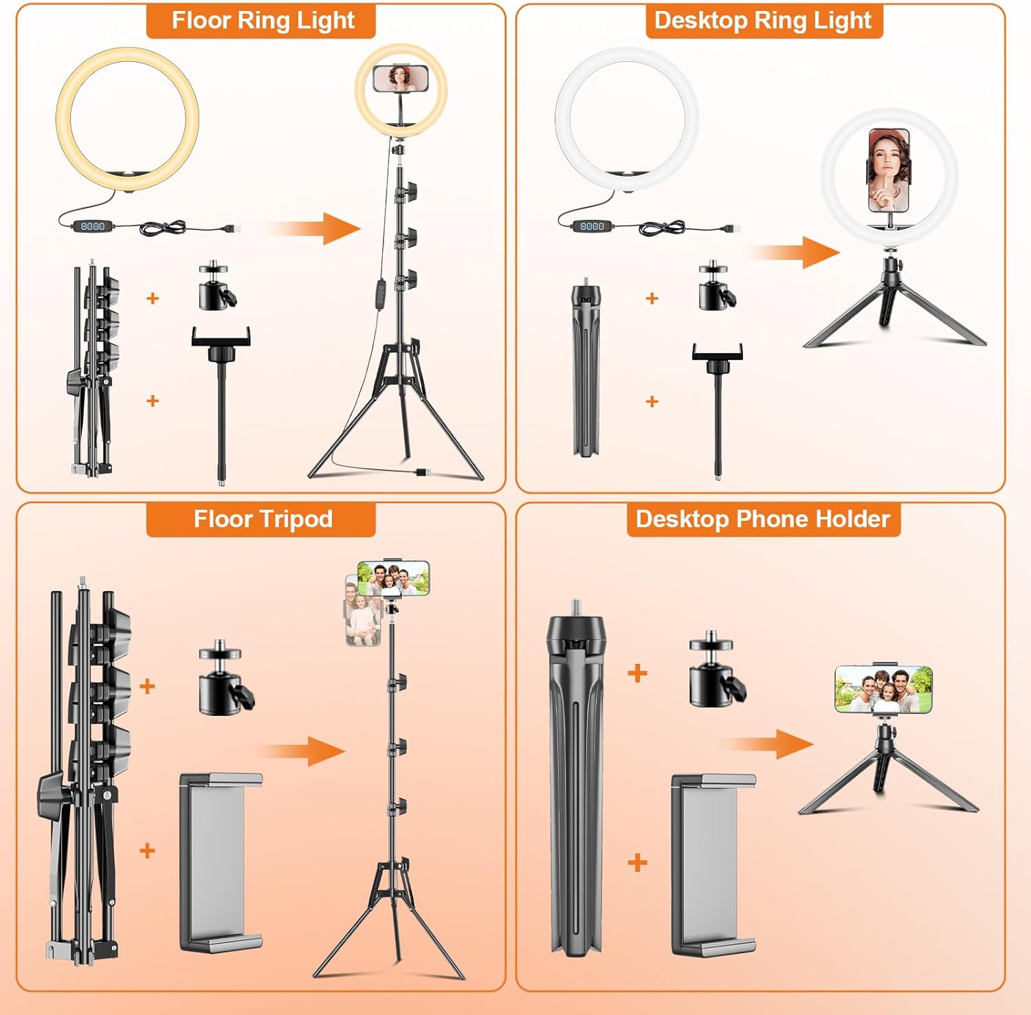 PEYOU 12" Selfie Ring Light with 60" Adjustable Tripod Stand & Mini Desktop Tripod & 2 Phone Holder