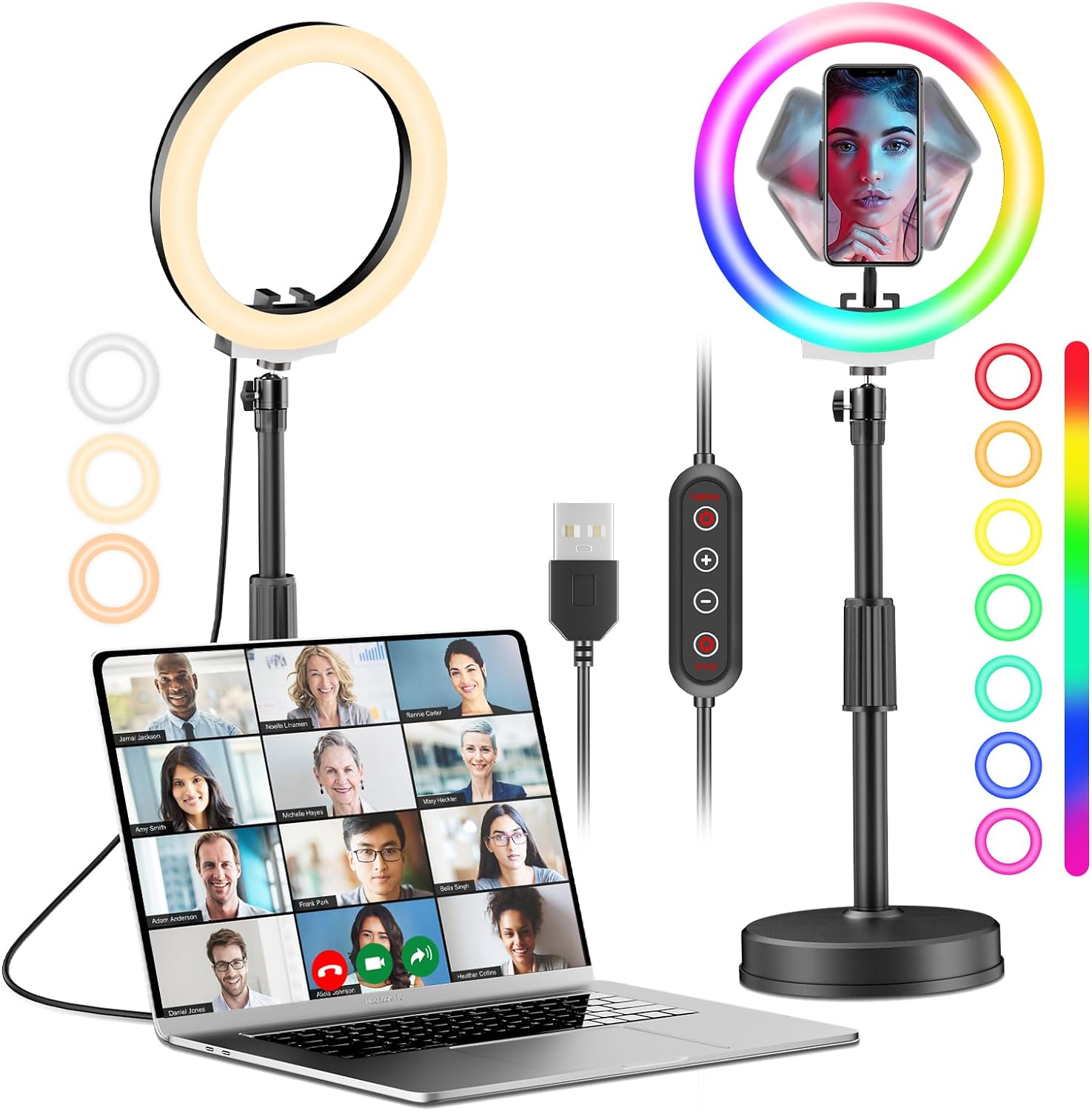 PEYOU Ring Light with Stand and Phone Holder, 10" Dimmable Desktop 【RBG & LED 】 Circle Light